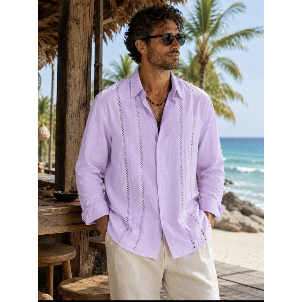 COOFANDY Guayabera Resort Shirt XXL Lilac Purple Cuban Vacation New with Tags